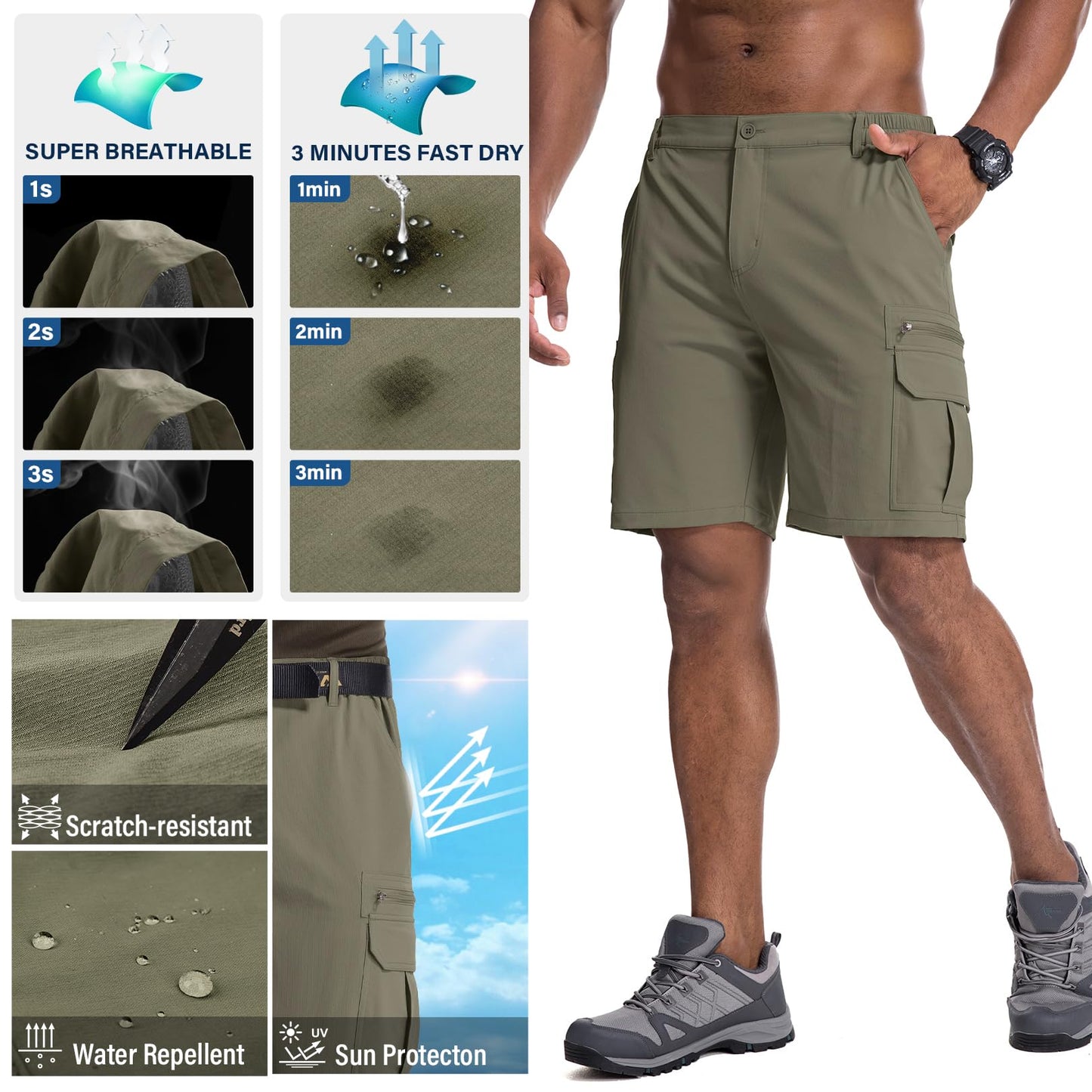 Jessie Kidden Mens Outdoor Casual Expandable Waist Lightweight Water Resistant Quick Dry Fishing Hiking Shorts (Light Green, 30)