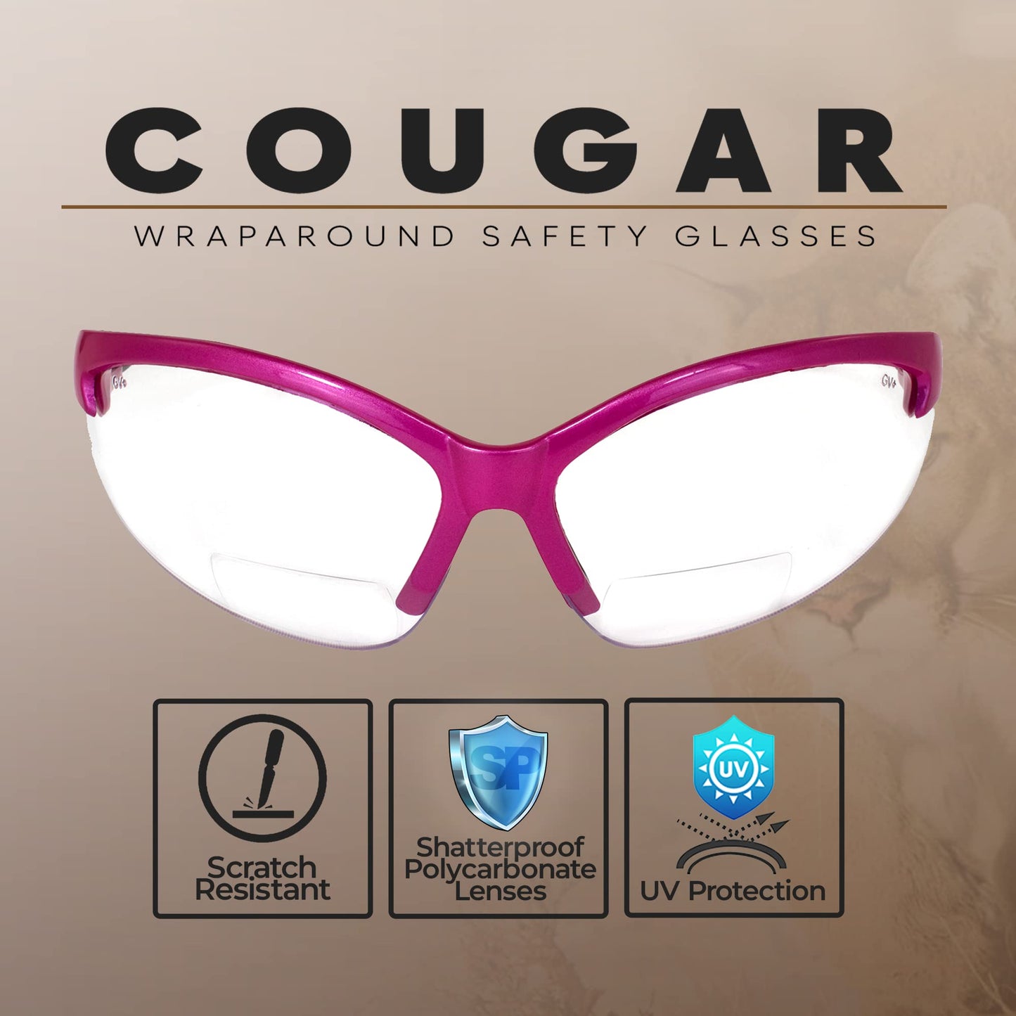 Global Vision Cougar Womens Safety Glasses Hot Pink Frame w/Clear 1.5 Bifocal Lens