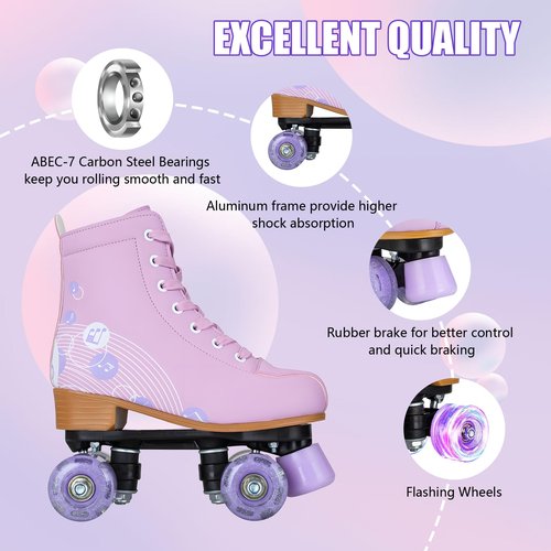 Gets Roller Skates for Girls and Women, PU Leather Light Up Outdoor Kids Roller Skates, Cute Four-Wheel Beginner Roller Derby Skates Girls Ages 8-12(Purple,36)