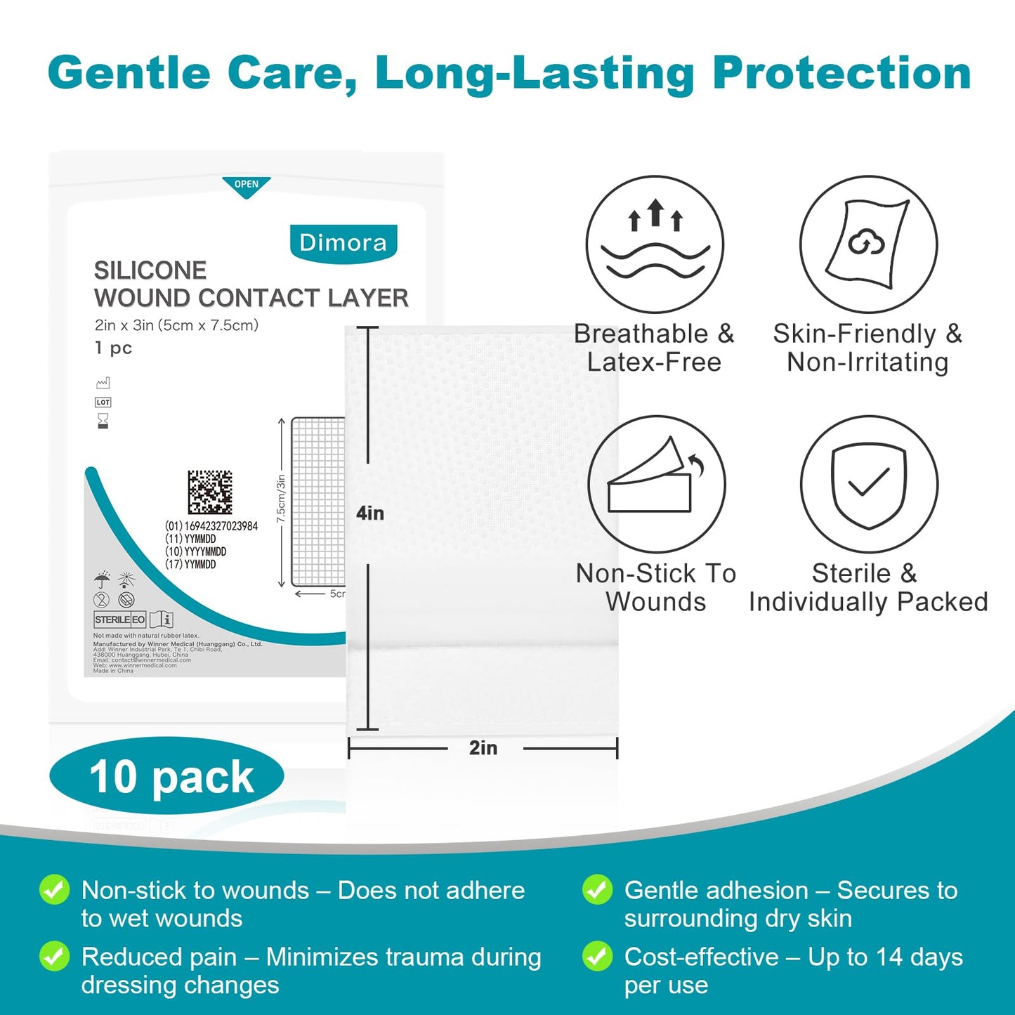 Dimora Wound Contact Layer, Silicone Non-adhering Wound Dressing, Transparent Pads Bandages Sheets for a Wide Range of Exuding Wounds, 2in x 3in (5cm x 7.5cm), 10 pcs