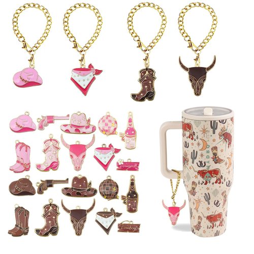 LUHOHI 20Pcs Western Charms for Hydrojug Traveler 40 Oz Water Bottle Accessories, Cowgirl & Cowboy Boot Hat Alloy Charm for Stanley Cup Tumbler Handle Jewelry Making Pink Diy Bulk Pendants