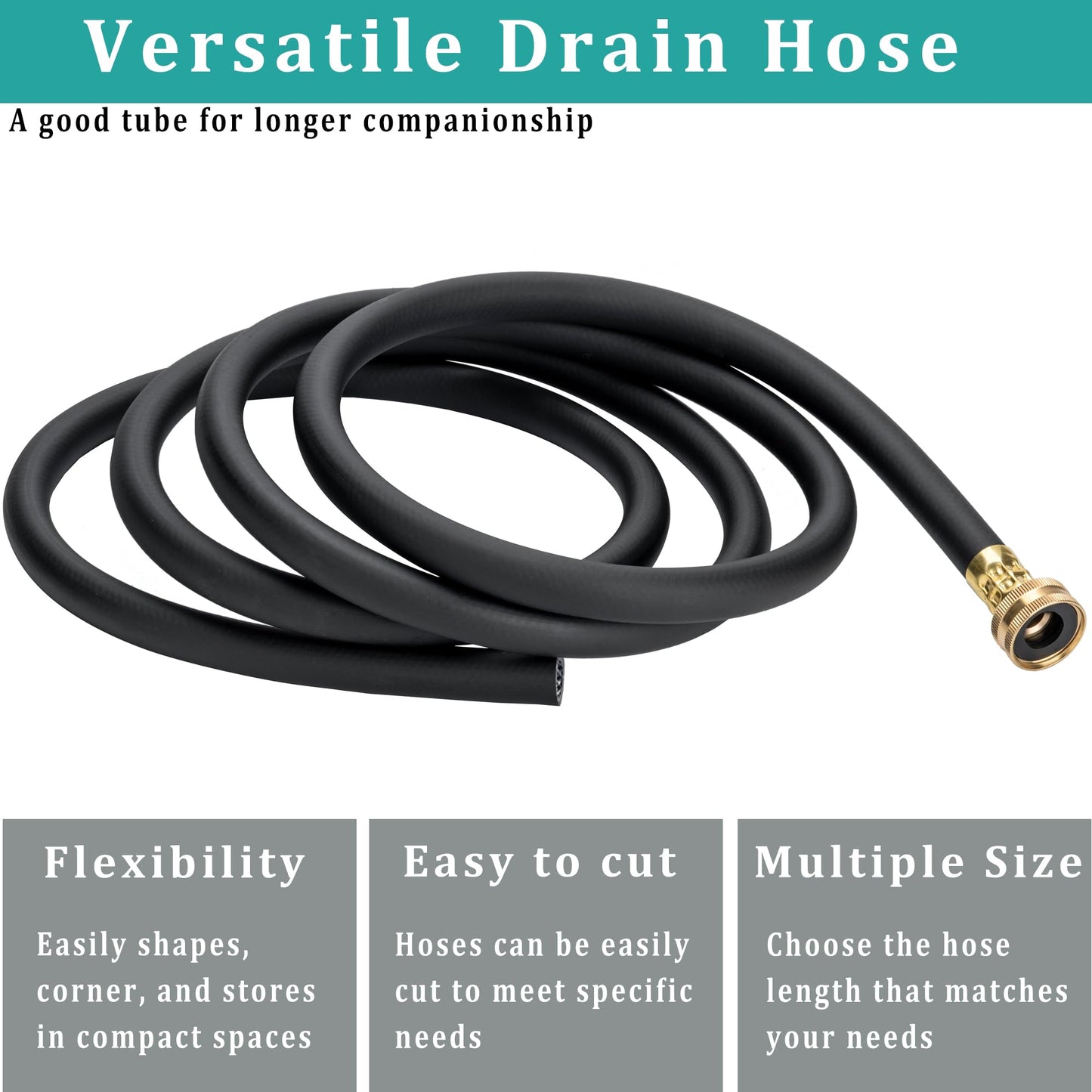ZY-hosetube 5FT Dehumidifier Drain Hose with 3/4” FHT Brass Rustproof Connector, Versatile Drain Hose Perfectly Compatible with most Dehumidifiers and 3/4” external thread outlet, No Leak (Black, 5FT)