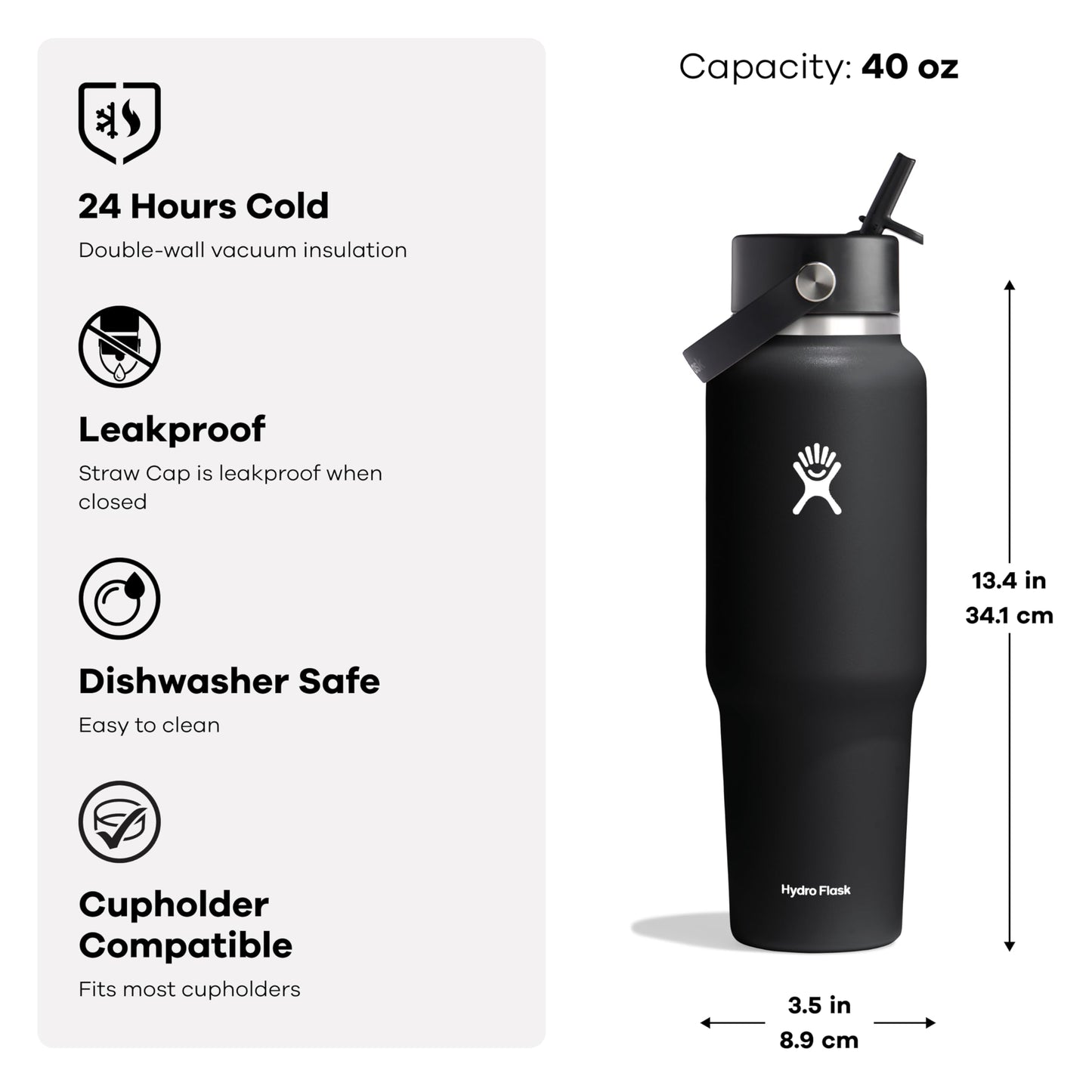 Hydro Flask Travel Water Bottle - Insulated Stainless Steel - Wide Straw Lid, Non Spill, Leakproof in 40 Oz Sandpiper