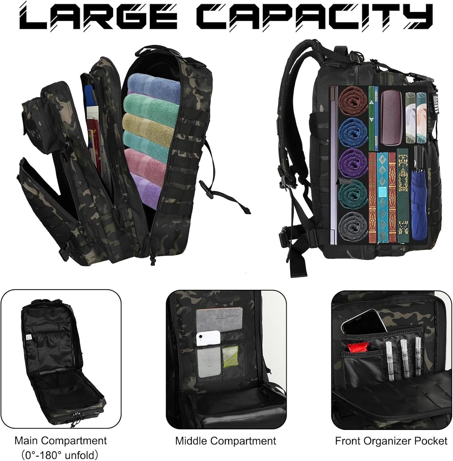 WOLT Military Tactical Backpack - 45L Molle Assault Pack for Men | Heavy-Duty Rucksack in Camouflage Black