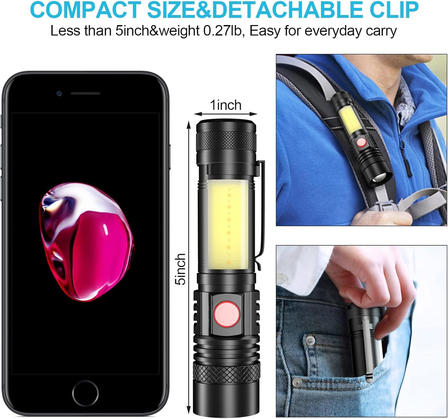Skiennix Rechargeable Flashlight - Super Bright LED with COB Sidelight, Waterproof & Zoomable, 4 Modes