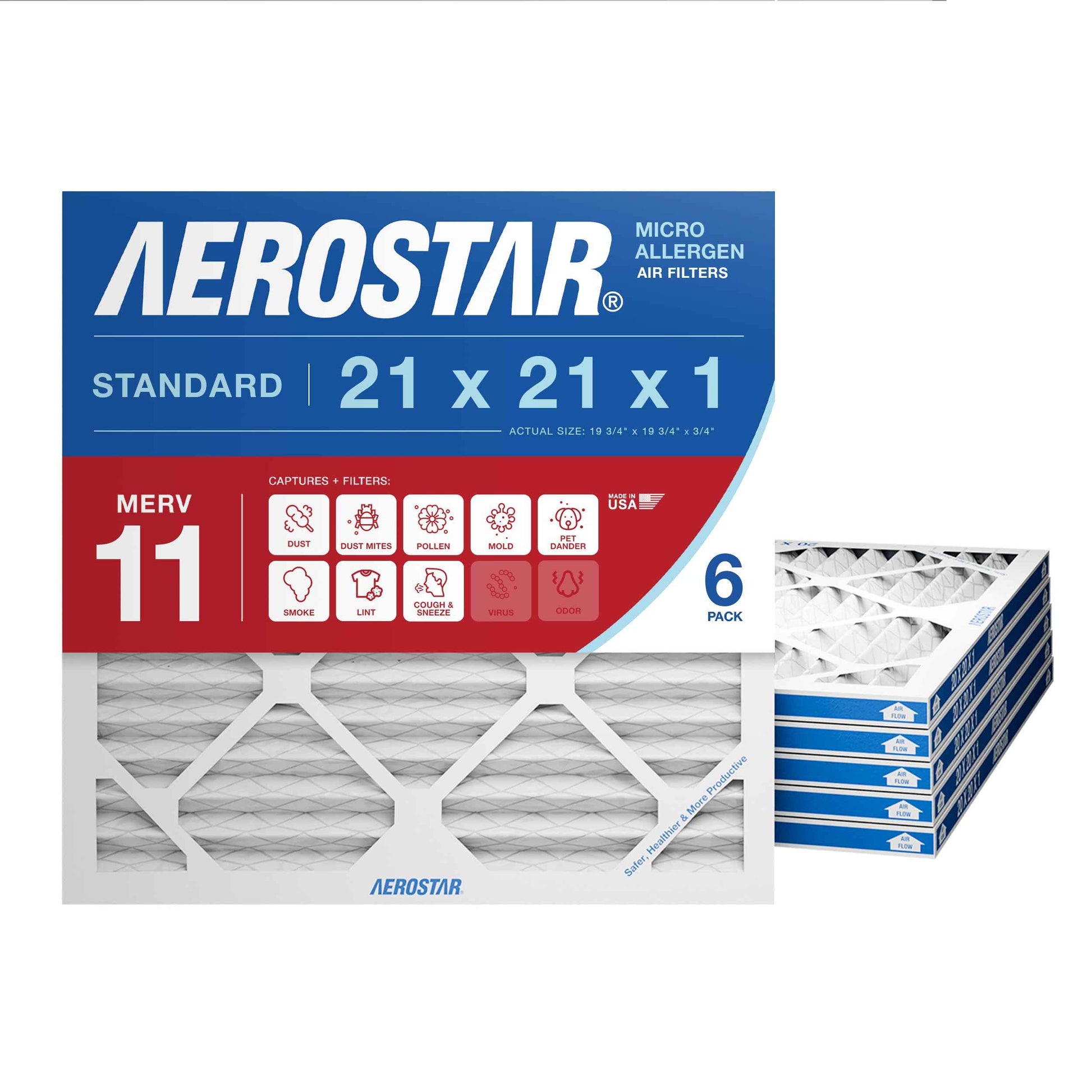 Aerostar 21x21x1 MERV 11 - 6 Count - Pleated HVAC, Furnace & Air Conditioner Filters - Removes Dust, Cold & Flu Germs, Lint, Mold, Pet Dander, Allergy-Causing Pollen, Smog & Smoke