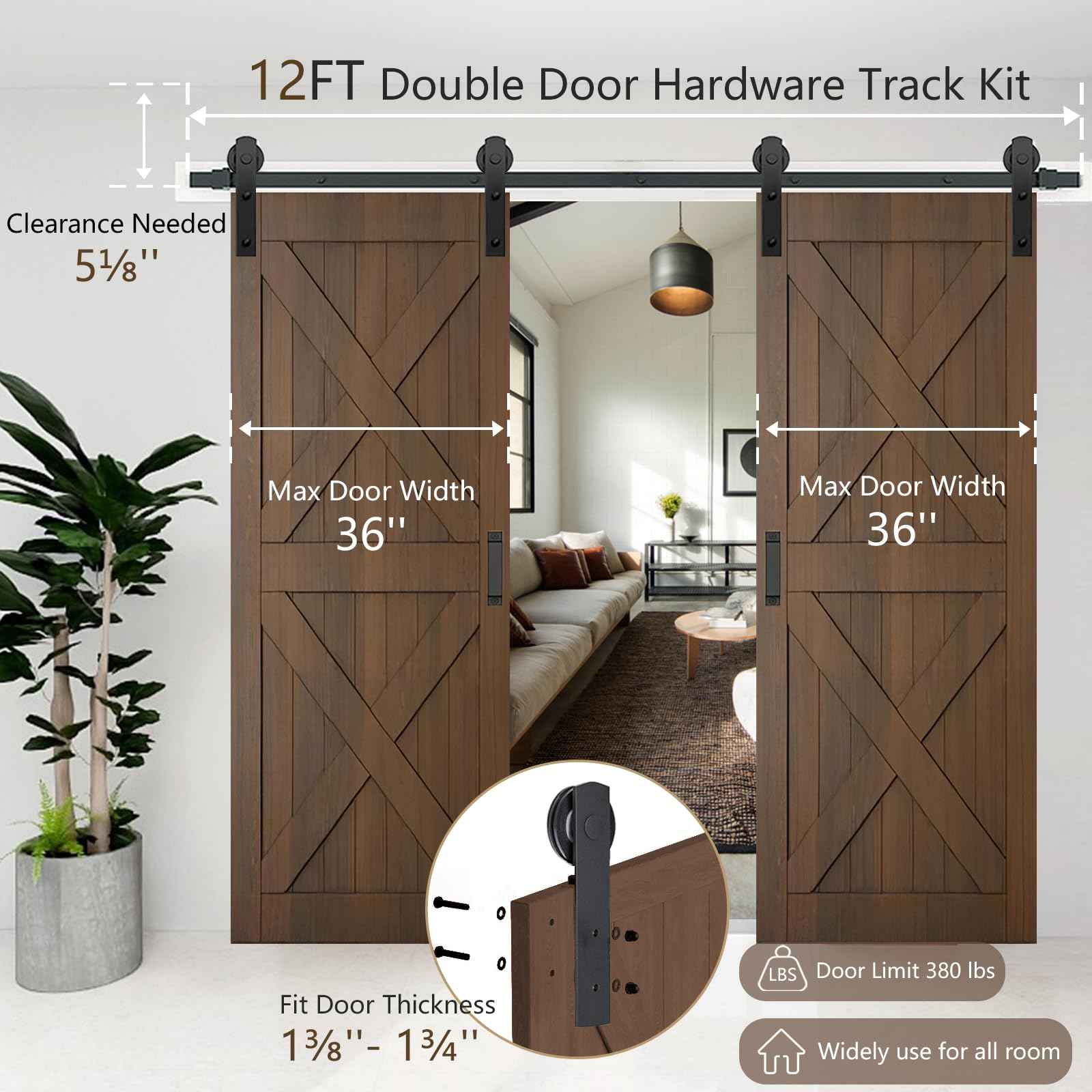 Arti-Life 12ft Heavy Duty Sturdy Sliding Barn Door Hardware Kit with Door Hook and 2 Handles, Double Door-Smoothly and Quietly, Easy to Install - Fit 1 3/8-1 3/4" Thickness & 36" Wide Door Panel