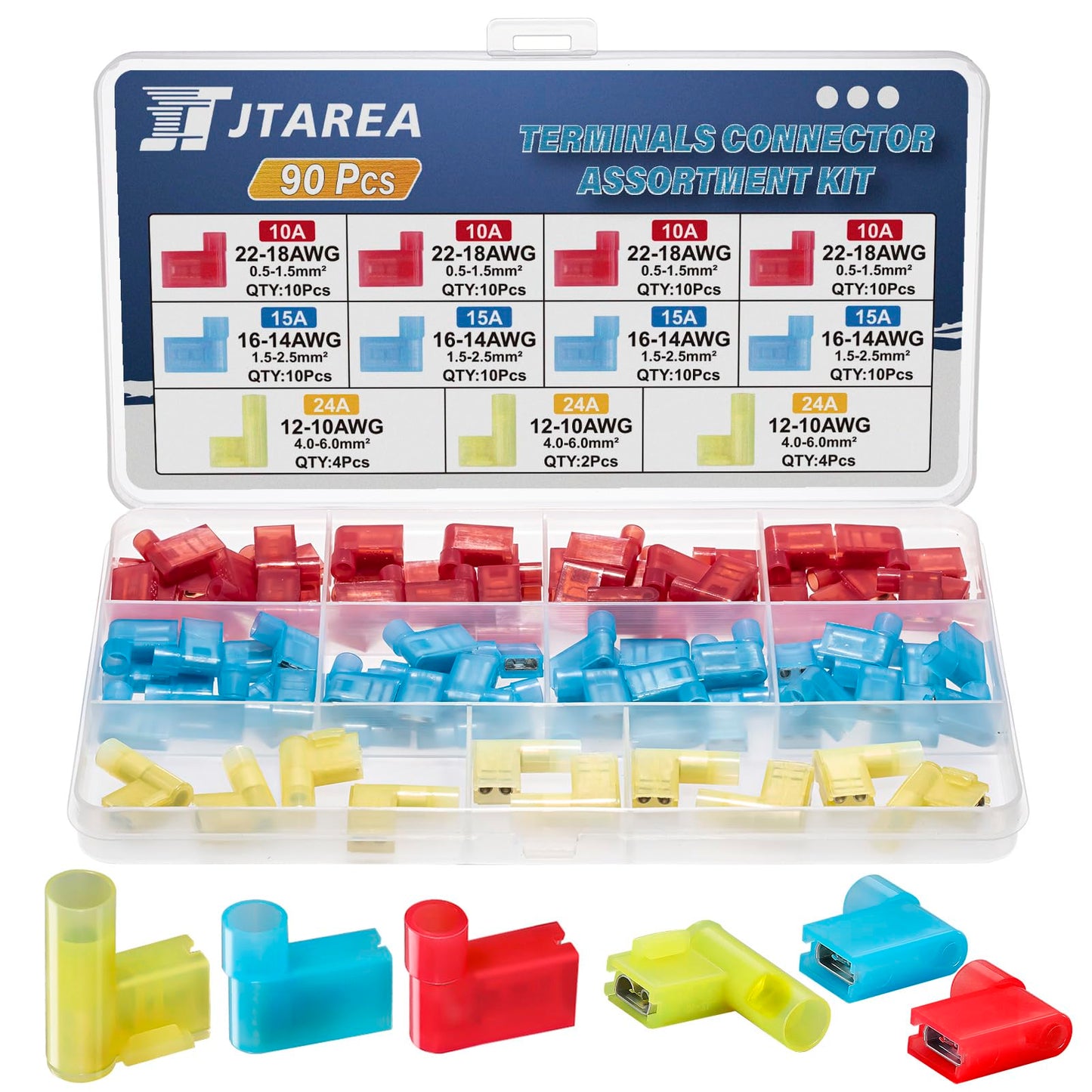 JTAREA 90PCS 3 Values 90 Degree Right Angle Flag Spade Connector Wire Terminal Crimp Connectors Quick Disconnect Female Nylon Crimps Terminals for 22-18 16-14 12-10 AWG Gauge Wiring