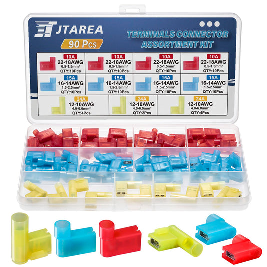 JTAREA 90PCS 3 Values 90 Degree Right Angle Flag Spade Connector Wire Terminal Crimp Connectors Quick Disconnect Female Nylon Crimps Terminals for 22-18 16-14 12-10 AWG Gauge Wiring