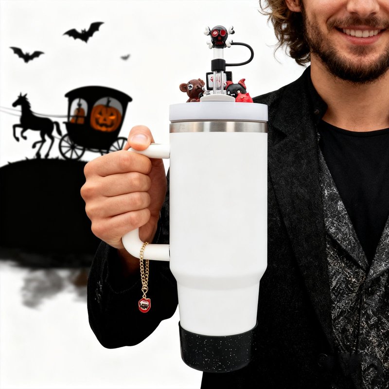 Cup Lid Topper Decoration for Stanley 40 oz，Halloween Stanley Cup Lid Accessories，Including Silicone Boot, Cute Straw Topper Cover Cap, Lid Charms，Cup Chain（G）