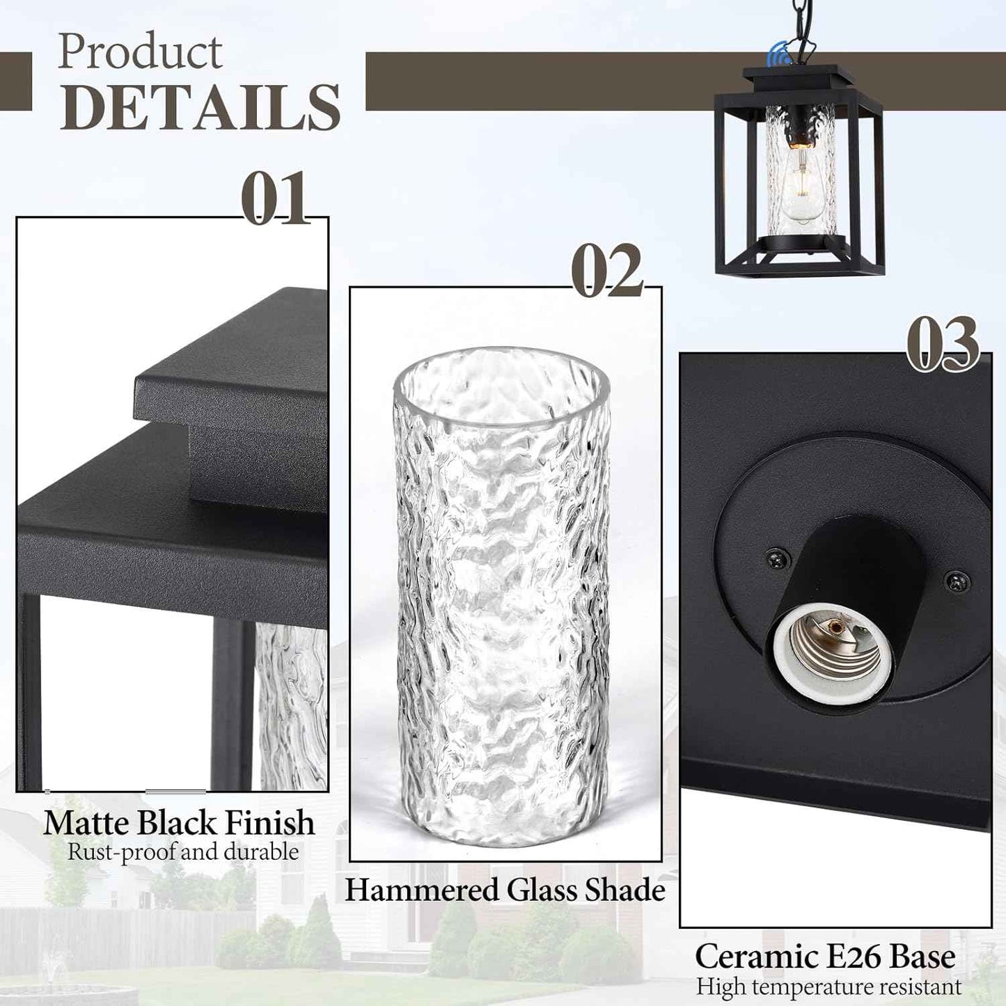 Modern Black Outdoor Pendant Light - 1-Light Hanging Lantern for Porch & Gazebo