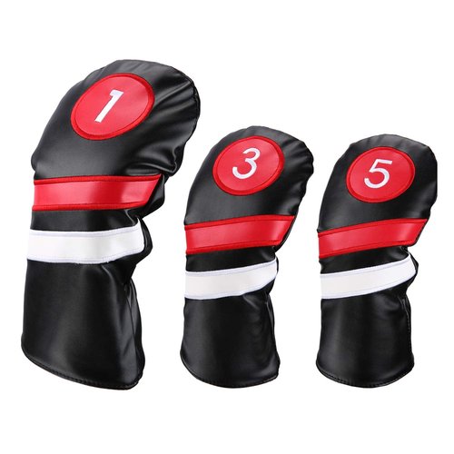 LONGCHAO Golf Head Covers 3pcs/Set Driver Fairway Wood Headcovers White Red and White Vintage PU Leather 1 3 5 Driver and Fairway Head Covers for Golf Club (1/3/5 Black)