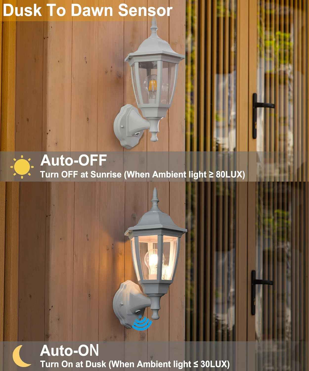 Outdoor Wall Light with Dusk to Dawn Sensor - 2-Pack LED Lanterns for Porch & Garage