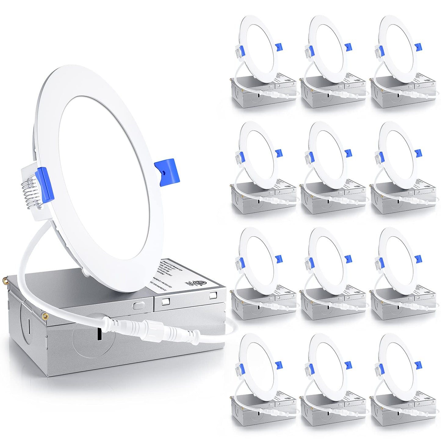 Ensenior 12 Pack 4 Inch LED Recessed Light, Dimmable, 2700K Soft White, 750LM High Brightness, 9W 120V, 2 Pin, ERL-9X-ETL, Damp Rated, Ultra-Thin Canless Wafer Ceiling Light - ETL & FCC & IC