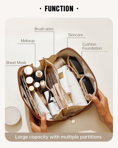 EACHY Travel Makeup Bag - Large Capacity Waterproof PU Leather Cosmetic Organizer | Portable Toiletry Bag for Skincare & Brushes