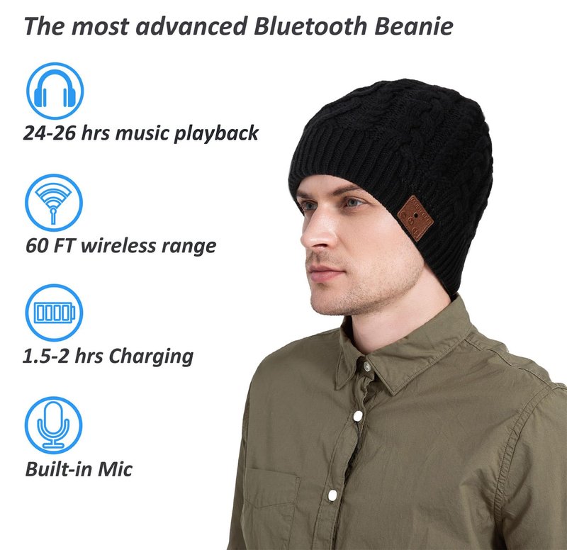 MUSICBEE Bluetooth Beanie，Bluetooth V5.2, 30 Hour Play time, Built-in Microphone and HD Stereo Speakers, Wool Lined for Outdoor Homes and Gifts - Neutral(Black