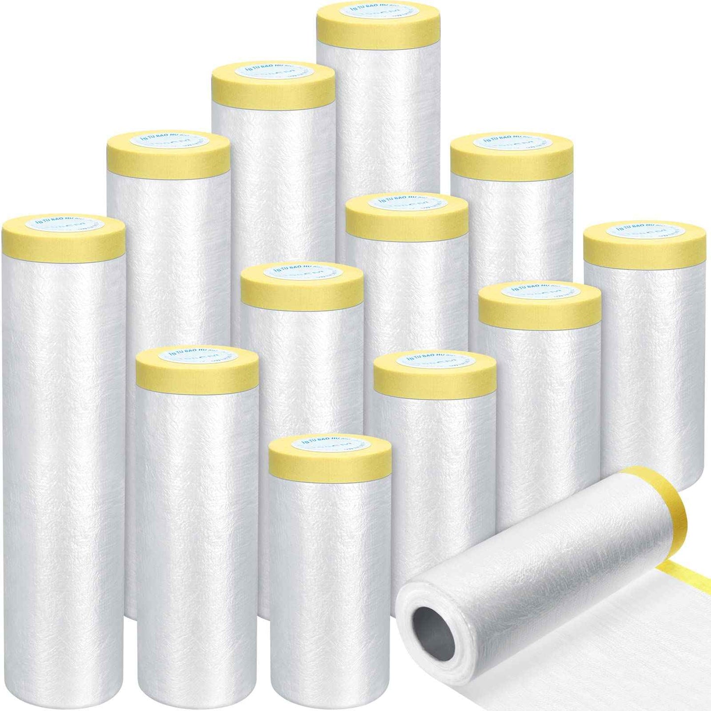 Fainne 12 Rolls Assorted Plastic Sheeting Pre Taped Masking Film Clear Masking Paper for Automotive Painting Covering Painting Supplies, 3 Multi Sizes x 66 Feet/roll