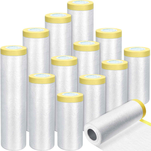Fainne 12 Rolls Assorted Plastic Sheeting Pre Taped Masking Film Clear Masking Paper for Automotive Painting Covering Painting Supplies, 3 Multi Sizes x 66 Feet/roll