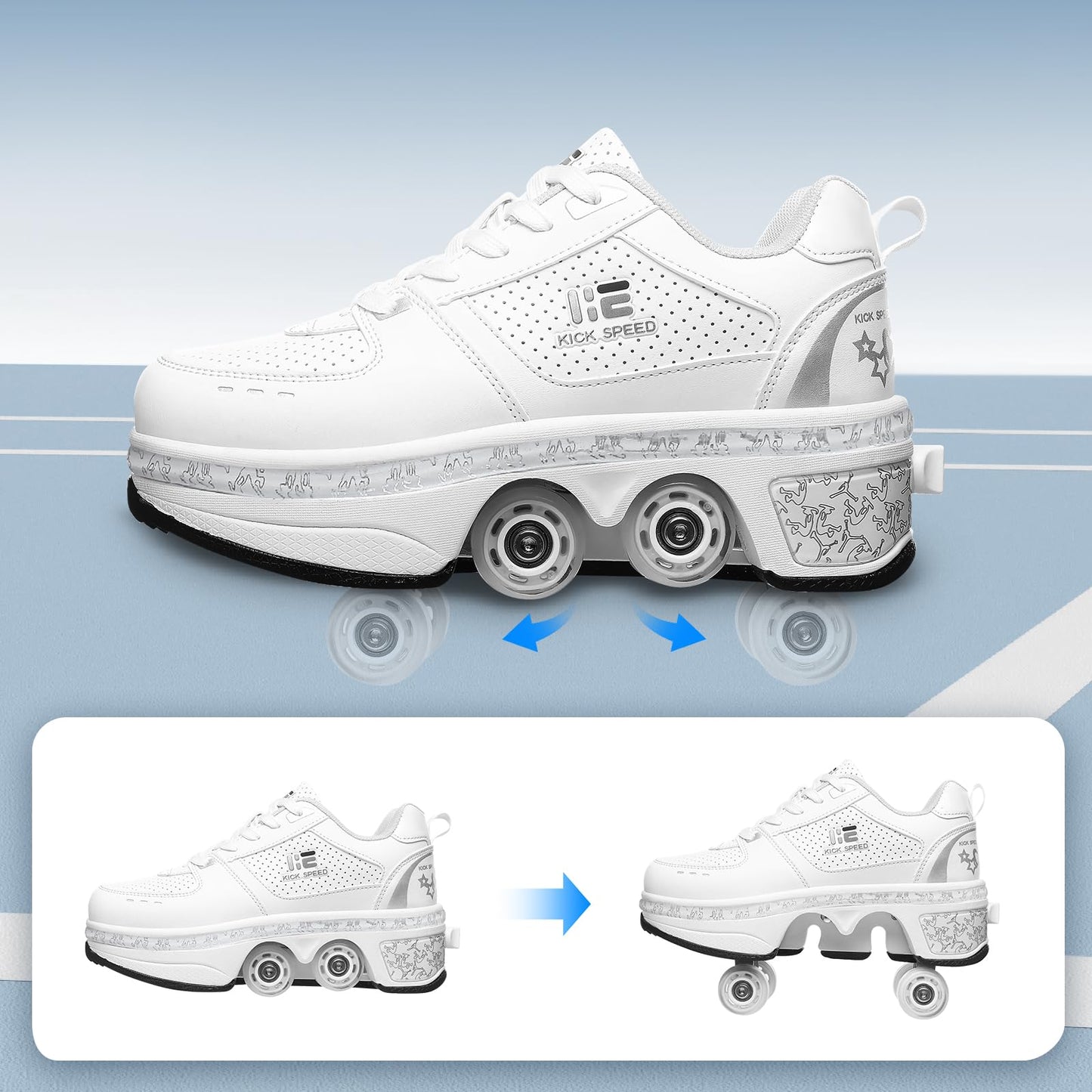 2-in-1 Roller Skate Shoes - Unisex Retractable Roller Skates with 4 Wheels,Skating Shoes for Indoor & Outdoor Fun