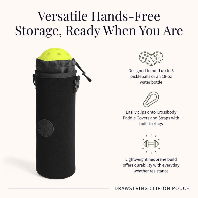 Posh Pickler Pickleball Drawstring Pouch, Fits 3 Pickleballs or 18 oz Bottle, Durable Neoprene Pouch, Hands-Free Clip-On Design, Compatible with Crossbody Paddle Cover & Strap, 9" L x 4" W, Black