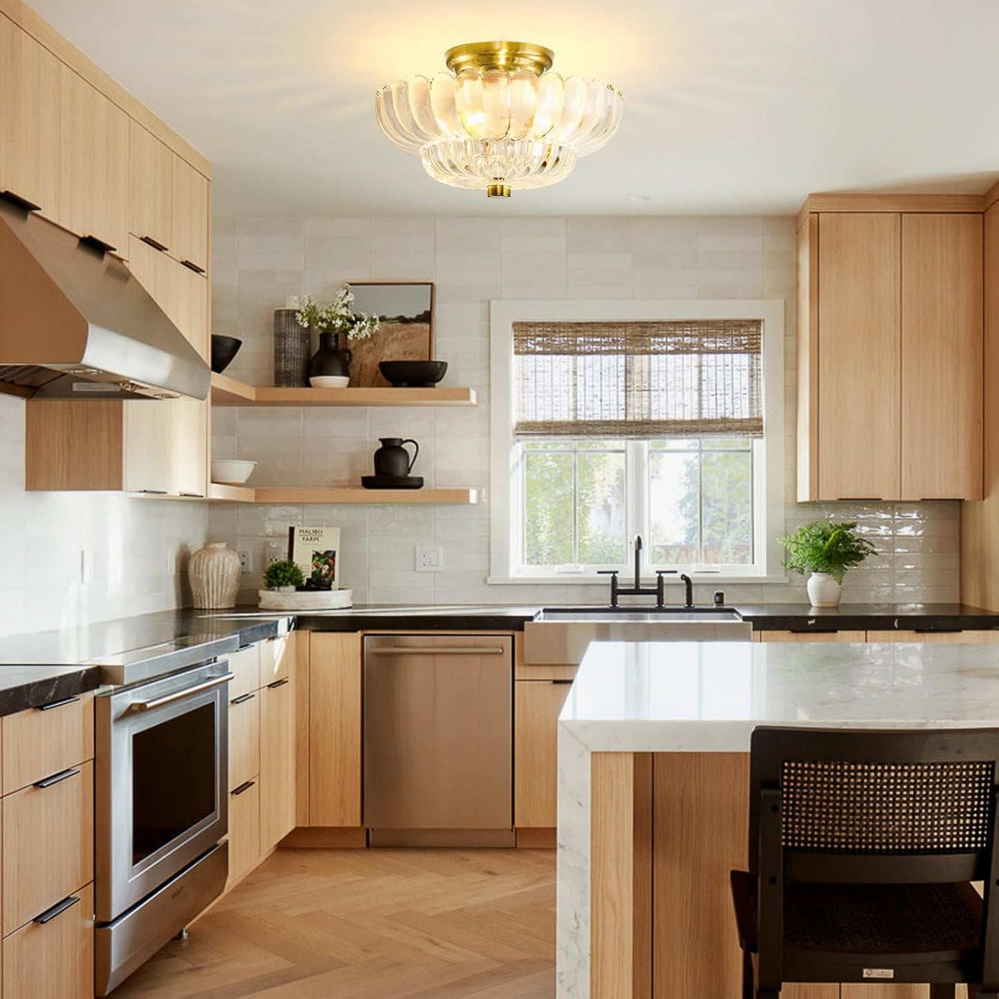 Modern Semi Flush Mount Ceiling Light Fixture with Brown Glass & Black Base - Ideal for Living Room, Kitchen, Bedroom, Hallway (Bulb Not Included)