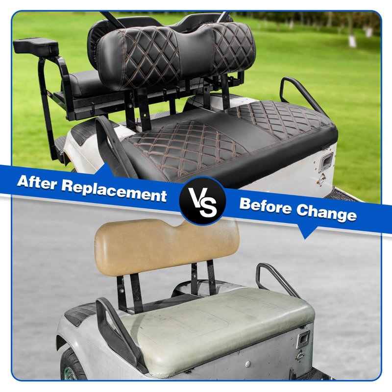NOKINS Golf Cart Diamond Seat Covers Kit, Fit for EZGO TXT 1994-2013/EZGO RXV OEM Standard Front Seat Cushion, Golf Cart Vinyl Seat Cover, No Nails Required (Black and Brown Stitching)