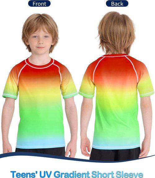 Boys' Rash Guard Swim Shirt, UPF 50+ Sun Protection Short Sleeve, Kids Youth Water Shirt for Swimming Surf Beach
