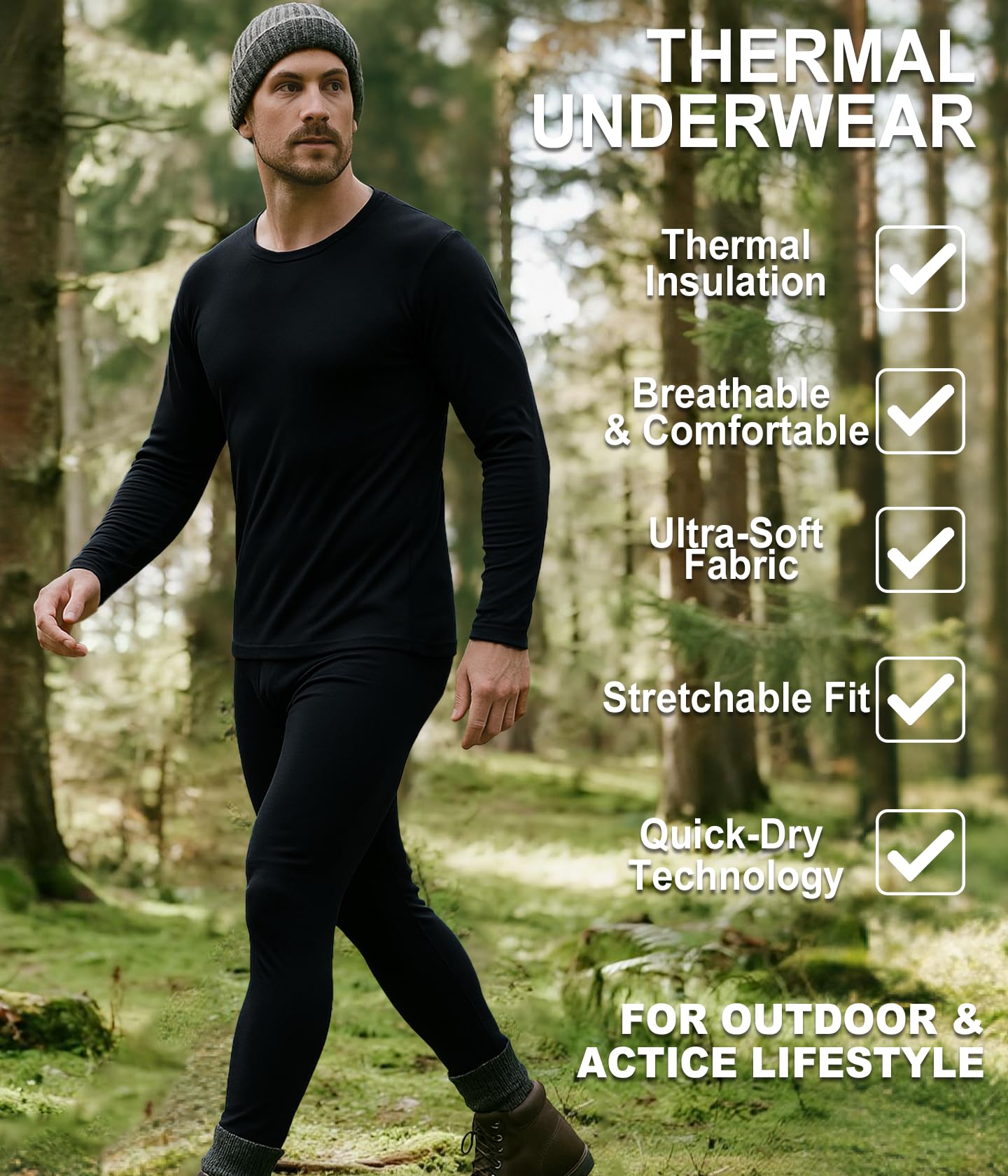 Raxilon 2 Set Thermal Underwear Long Johns for Men Fleece Lined Base Layer Tops and Bottoms Set Cold Weather Clothing Gear Winter Gift