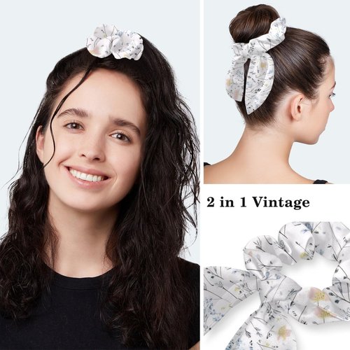 FVQL Scrub Caps Women, Adjustable Surgical Cap with Hair Scrunchy, Floral Flower Ponytail Holder Scrub Hat Blue White