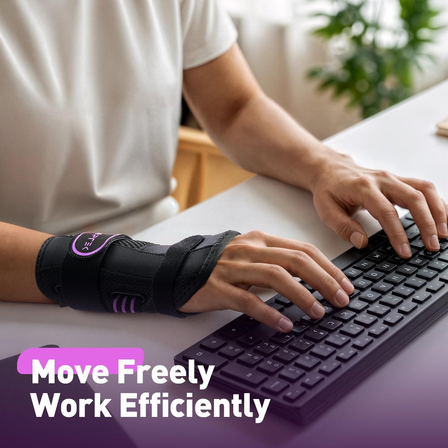 AGPTEK Carpal Tunnel Wrist Brace for Men Women, Night Sleeping Wrist Support with 2 Splints, Pain Relief Hand Brace for Arthritis Sprains Tendonitis, Adjustable Wrist Splint for Right Hand (S/M, Black & Purple)