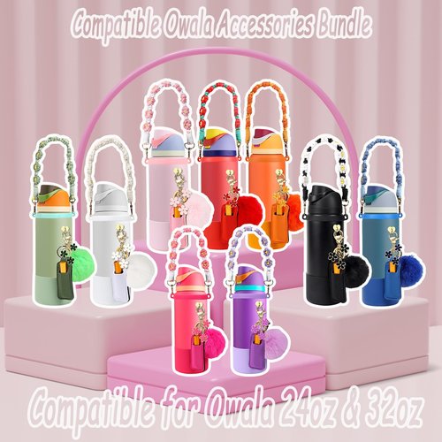 Compatible for Owala Accessories Bundle: Silicone Boot for 24oz & 32oz Bottles, Charms, Handle, Strap, Rubber Bottoms, and Decorative Add-ons for Your Compatible for Owala Water Bottle, Pink