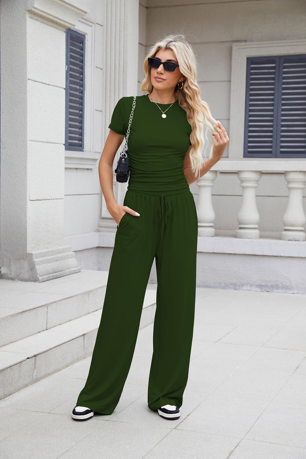 Nimsruc Women's Lounge Set - Summer 2025 Ruched Short Sleeve Top & Wide Leg Pants | Stylish Comfort