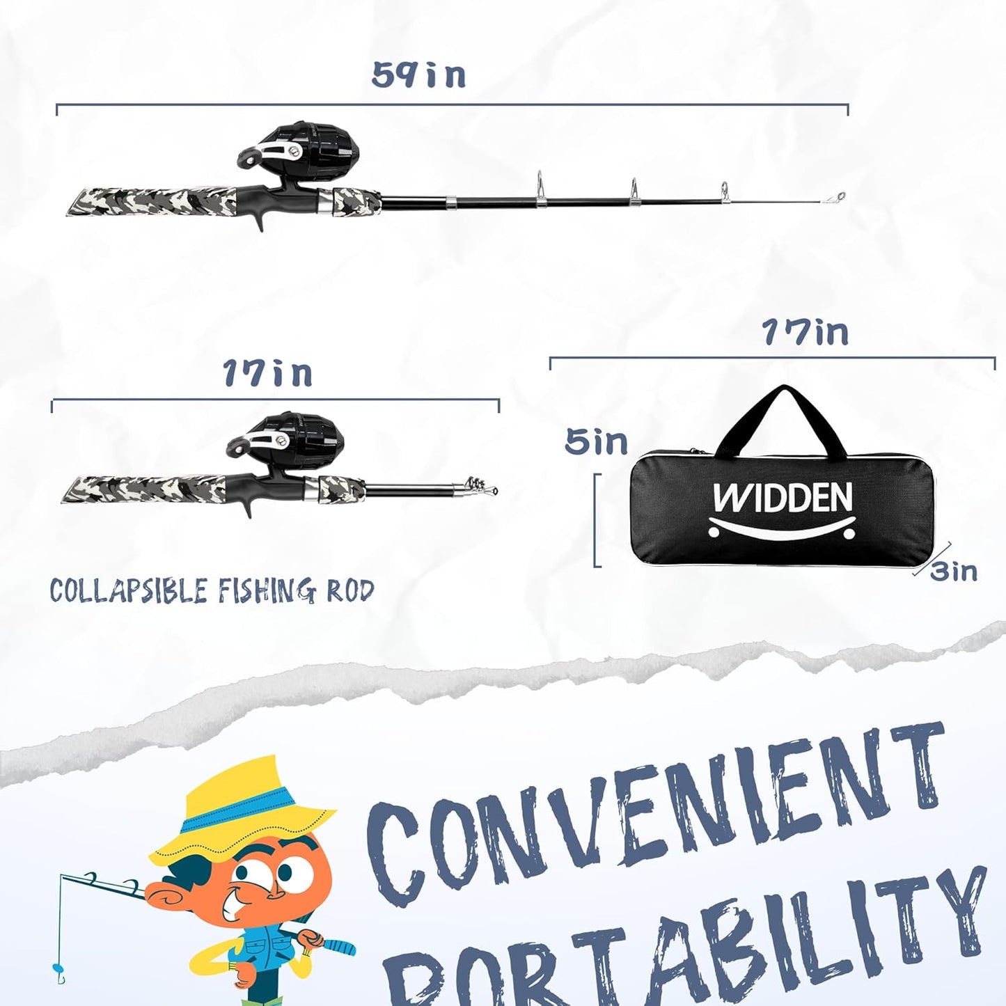 WIDDEN Kids Fishing Pole - Portable Telescopic Rod & Reel Combo Kit with Tackle Box & Net for Boys and Girls
