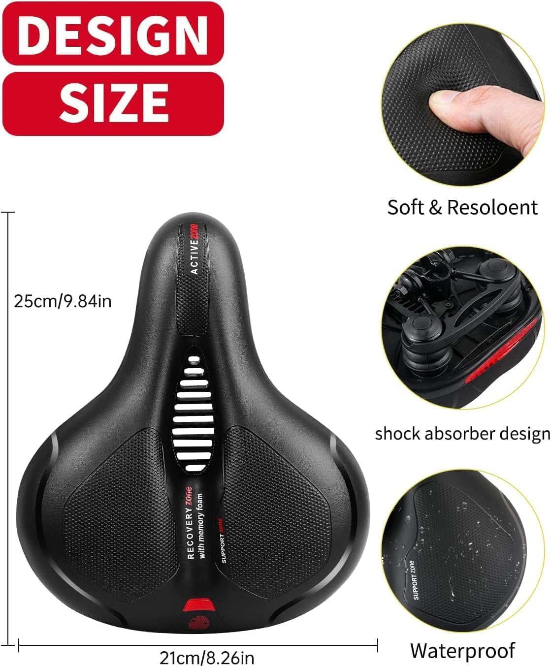MSDADA Comfortable Bike Seat Cushion - Wide Memory Foam Saddle with Dual Shock Absorption | Waterproof for Men & Women