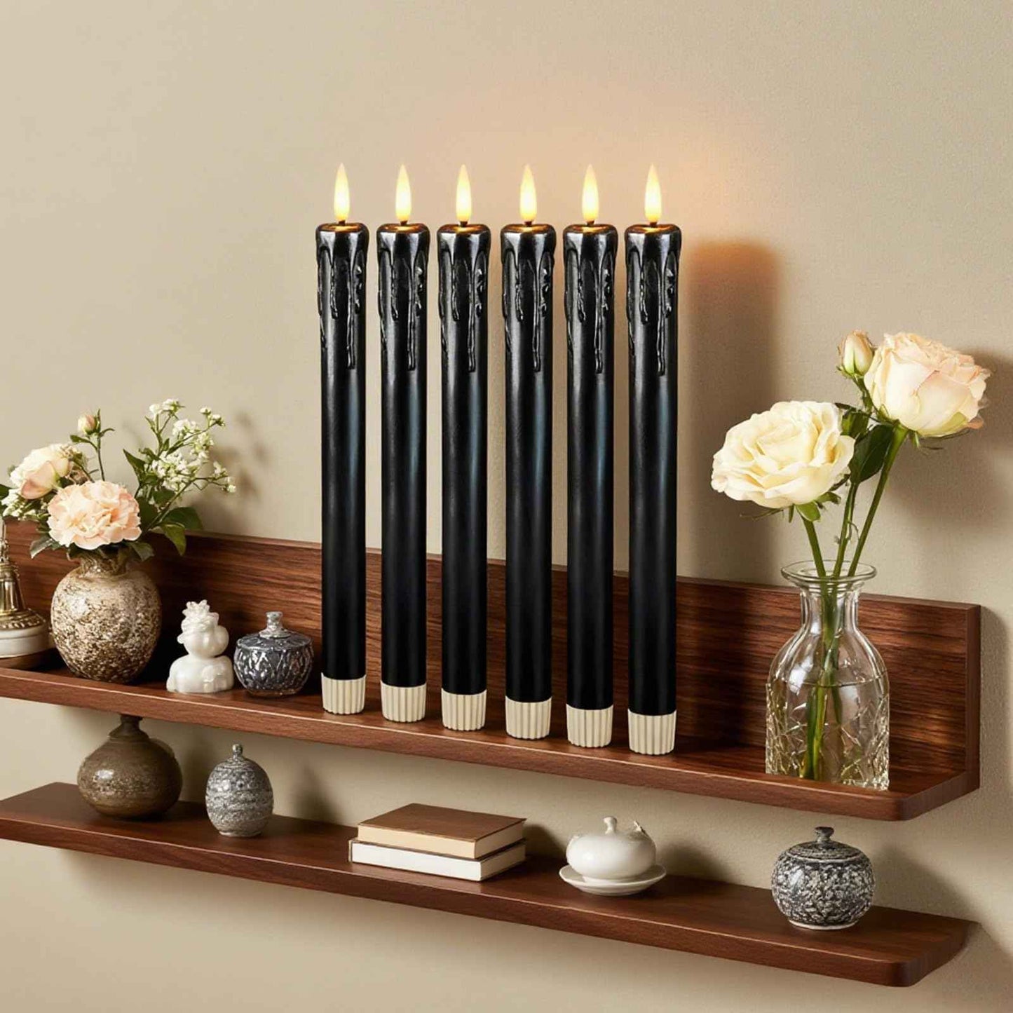 Lezonic Black Flameless Taper Candles Battery Operated with Remote, Long LED Candlesticks Flickering Real Wax Set of 6, 9.5 inch Battery Candles with Realistic 3D Flame for Halloween