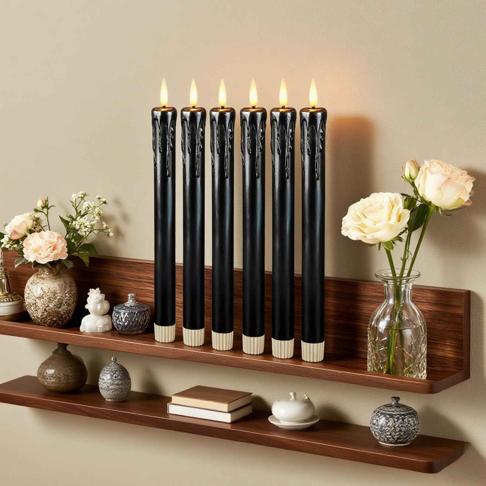 Lezonic Black Flameless Taper Candles Battery Operated with Remote, Long LED Candlesticks Flickering Real Wax Set of 6, 9.5 inch Battery Candles with Realistic 3D Flame for Halloween