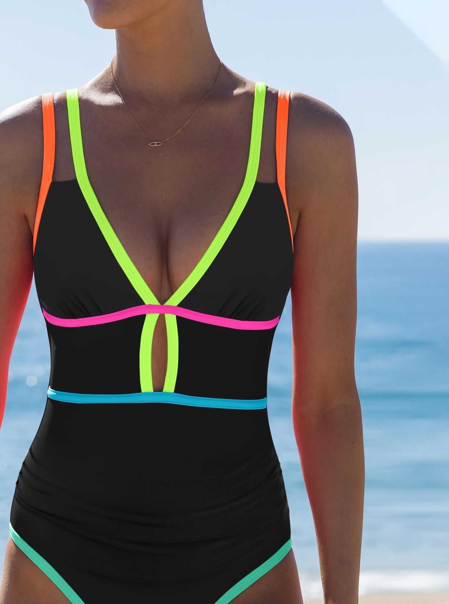 popvil Women One Piece Swimsuit 2026 Tummy Control Sexy Cutout Neon Color Block Bathing Suit Slimming Adjustable Swimwear, Black Medium