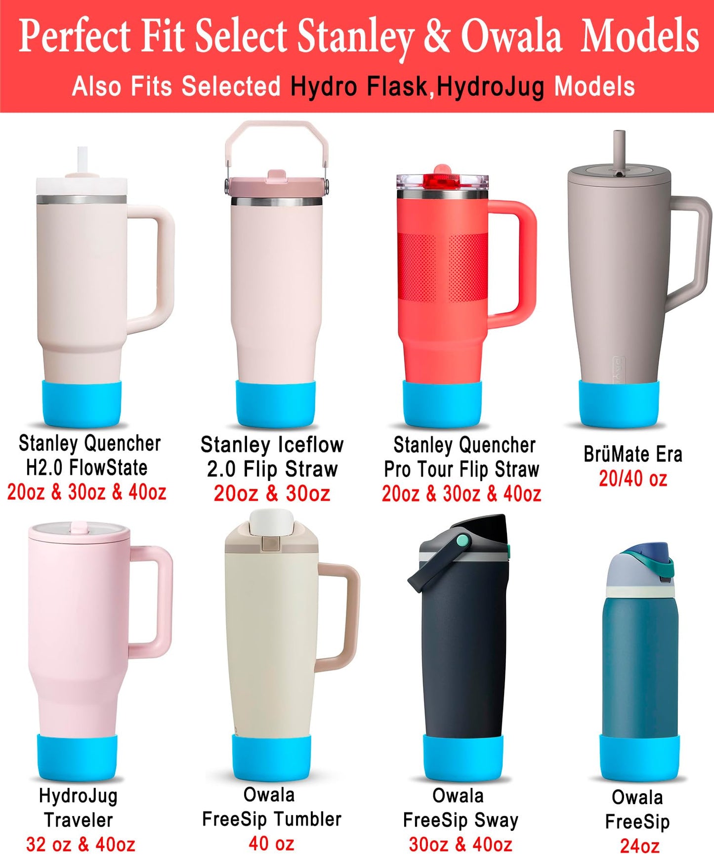 KTKUDY 2Pcs Silicone Boot for Stanley Quencher Tumbler 30 oz 40 oz & IceFlow 20 oz 30 oz & Fit Owala Freesip Water Bottle & Fit Hydro Flask & More - Cup Bottom Accessories Fit Stanley Cup, Skyblue