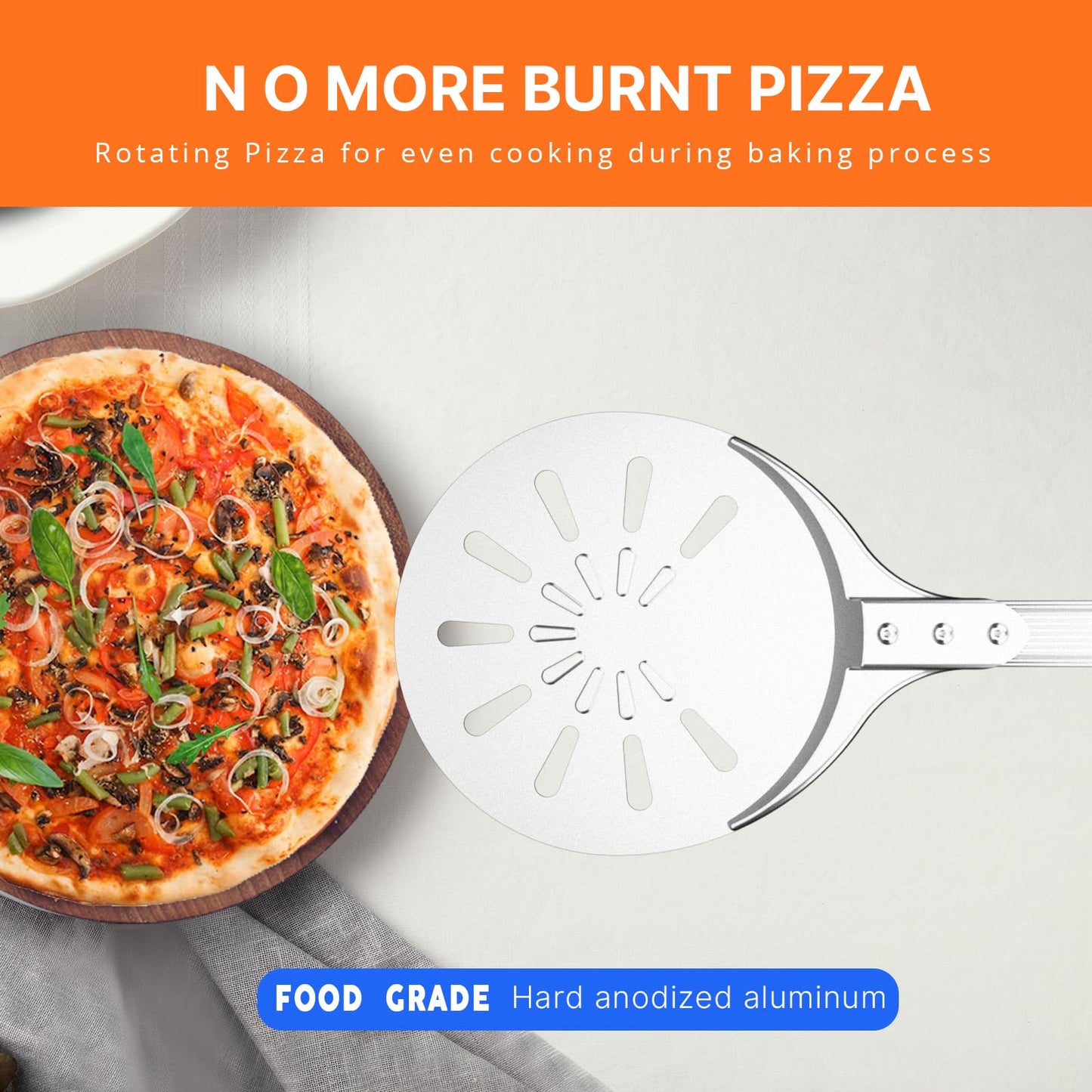 Pizza Turning Peel, 8-inch Pizza Peel Turner Spinner, Long Handle Perforated Aluminum Pizza Peel with Silicone Hook, Pizza Oven Accessories
