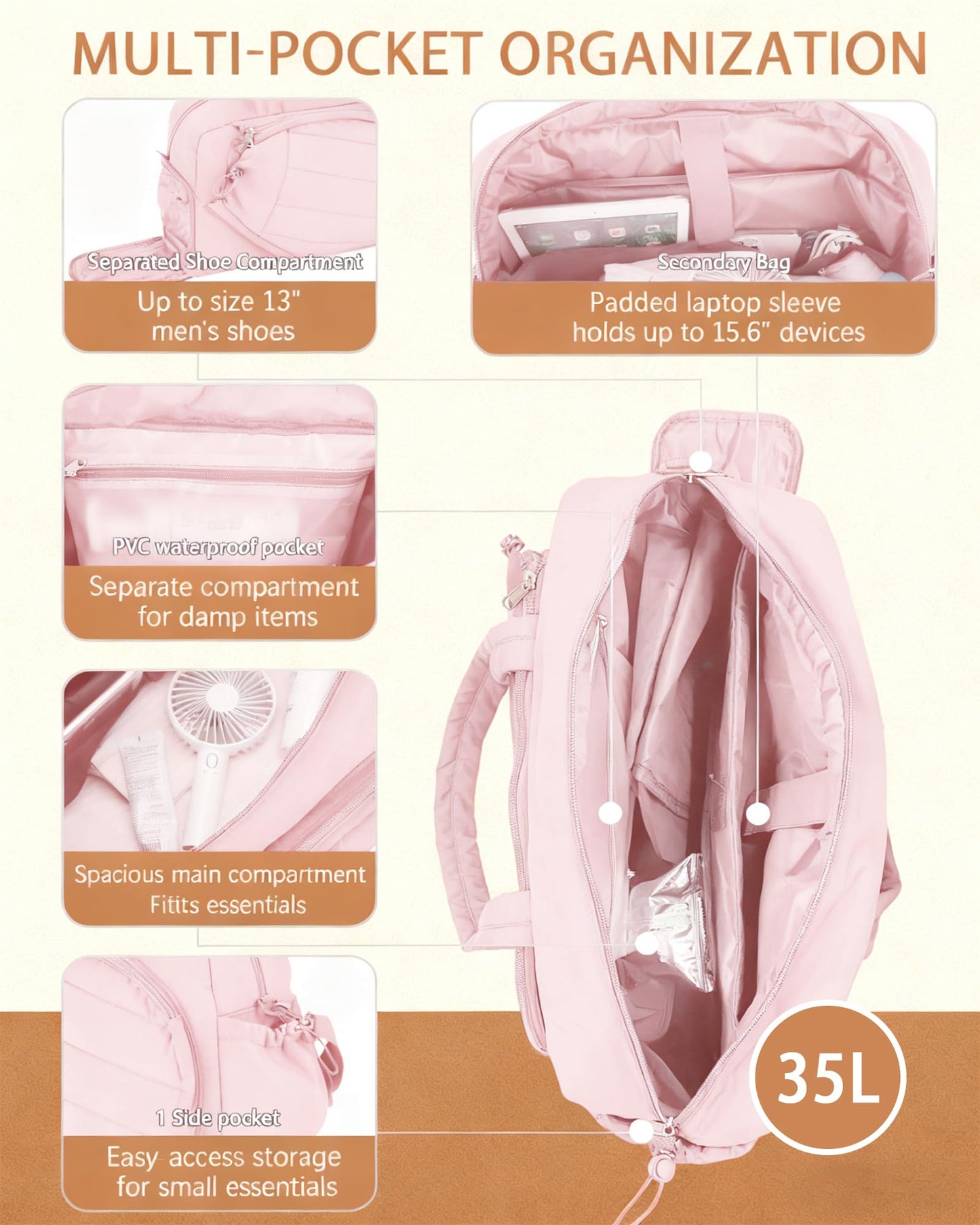 Roomy Tennis Gym Bag for Women - Tennis Tote Holds 2 Rackets, Shoe Compartment & Wet Pocket, Lightweight Sports Duffle, Fits 15.6" Laptop, Overnight Weekend Bag with Shoulder & Hand Straps (Pink)