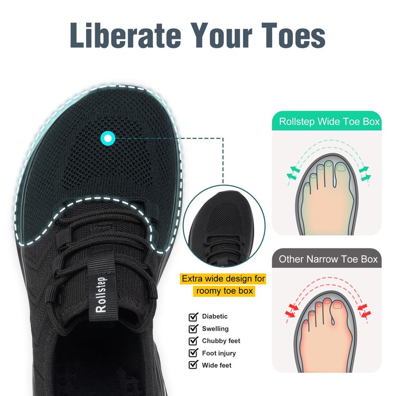 Rollstep Wide Toe Box Shoes Women Extra Wide Width Sneakers Diabetic Air Cushion Road Running Shoes Ultra Light Wide Tennis Sneakers Gym Training Breathable Walking Shoes All Black 41
