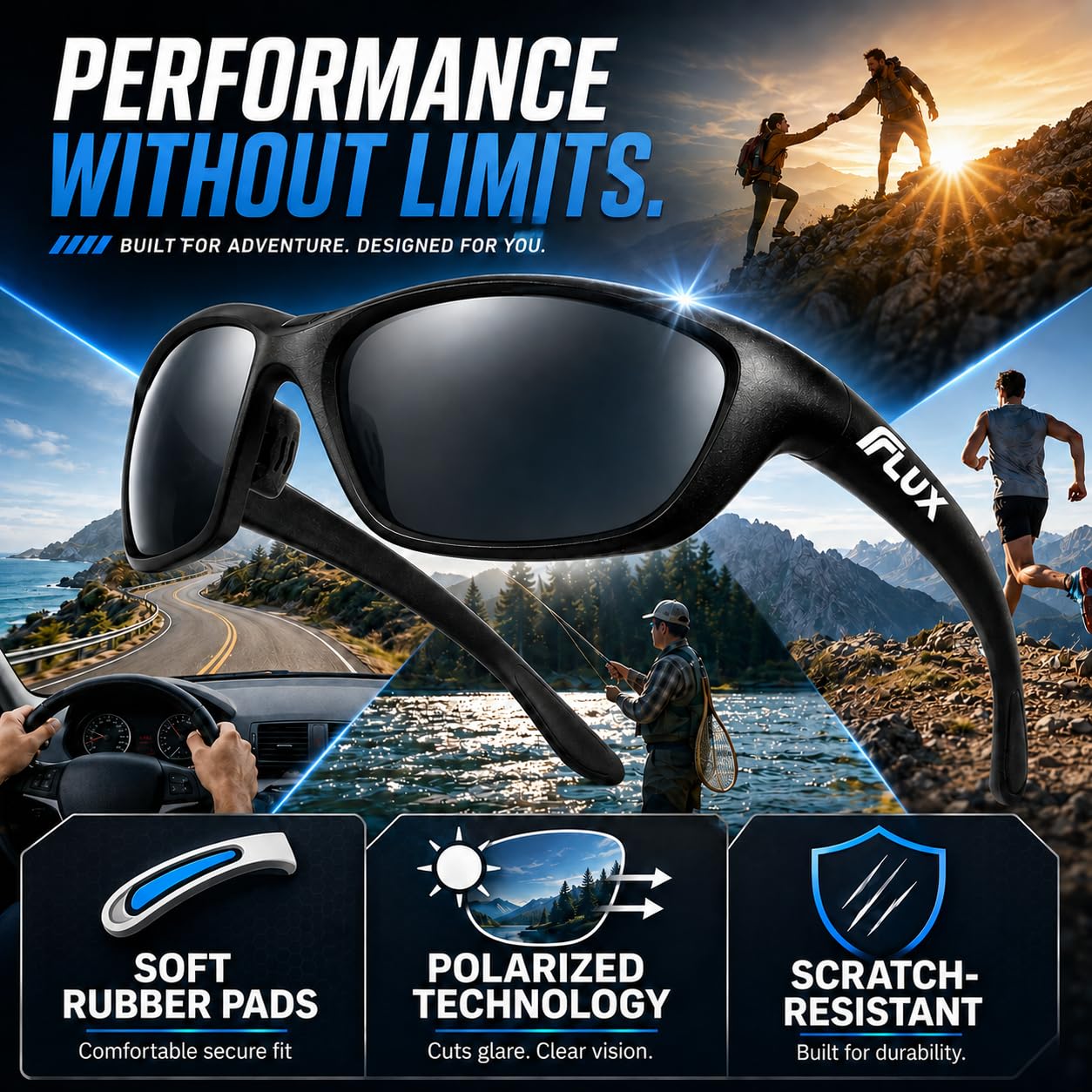 Flux Sportech Polarized Fishing Sunglasses for Men and Women, Anti Glare TR-90 Wrap Frame, UV400, Fly Fishing, Kayak