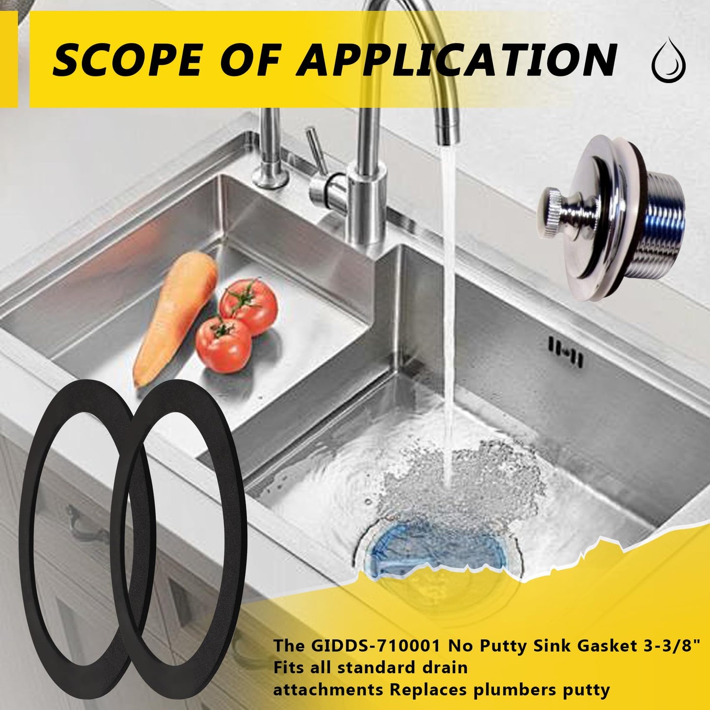 GIDDS-710001 plumbers putty for sink drain,No Putty Sink Gasket 3-3/8", Fits all standard drain attachments,kitchen sink drain gasket seal (2pack）
