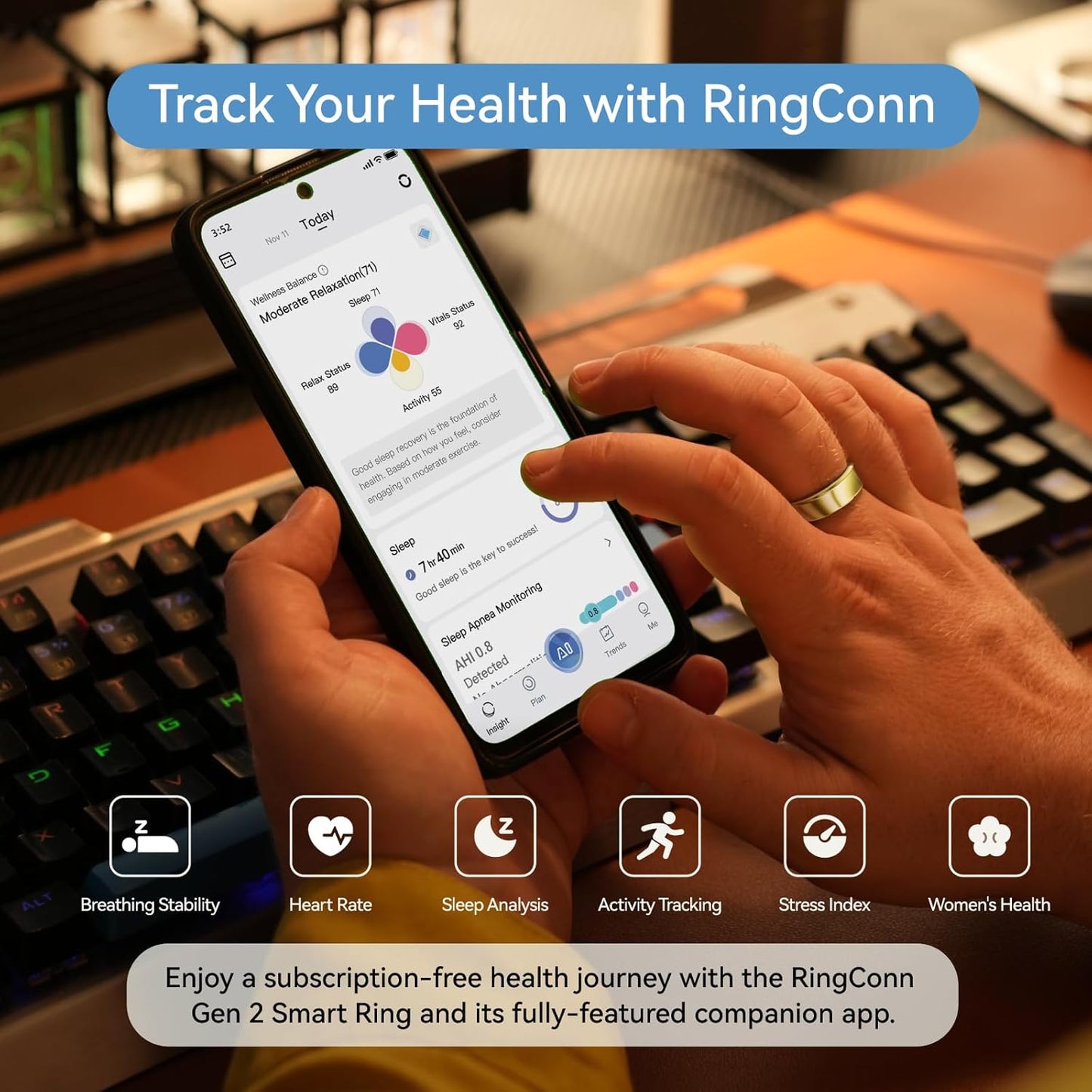 RingConn Gen 2 Smart Ring - Sleep Apnea Monitoring & Health Tracker | 12-Day Battery Life, Gold, Size 10