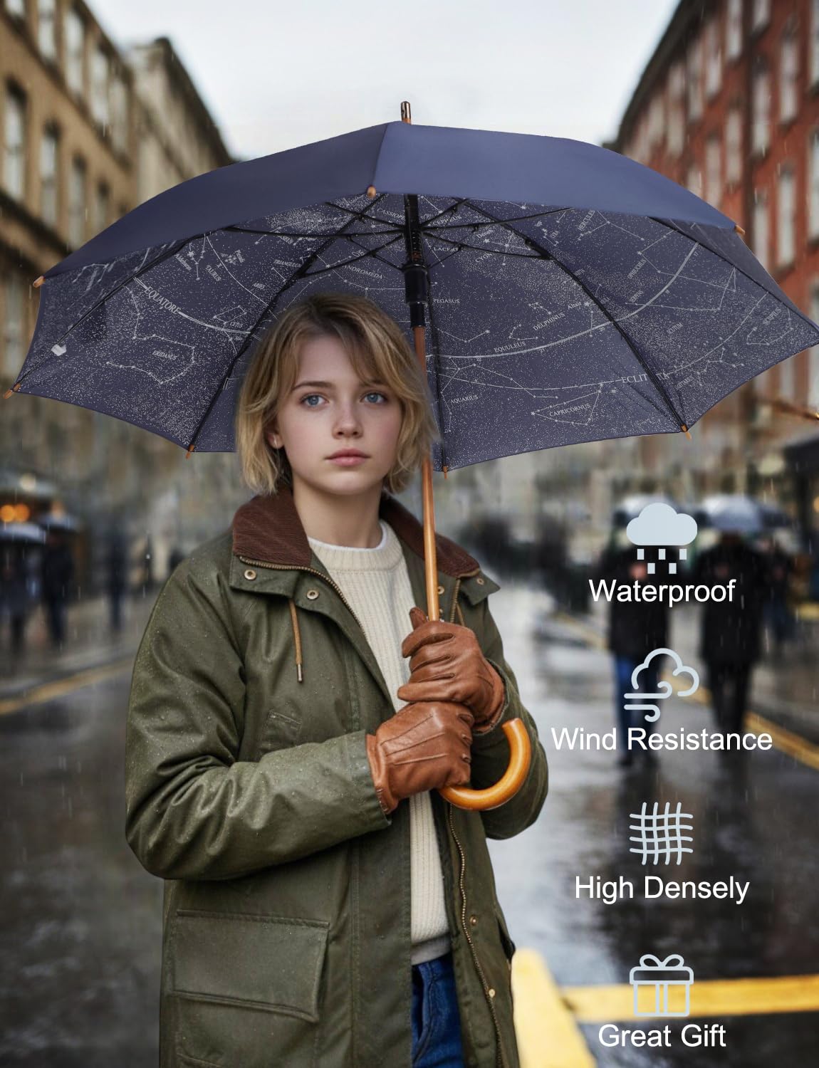 RusuiQinsan Windproof Starry Sky Constellation Long Umbrella, Large Stick Umbrella for Rain with Wooden Hook Handle, Gift for Women, Men & Adults