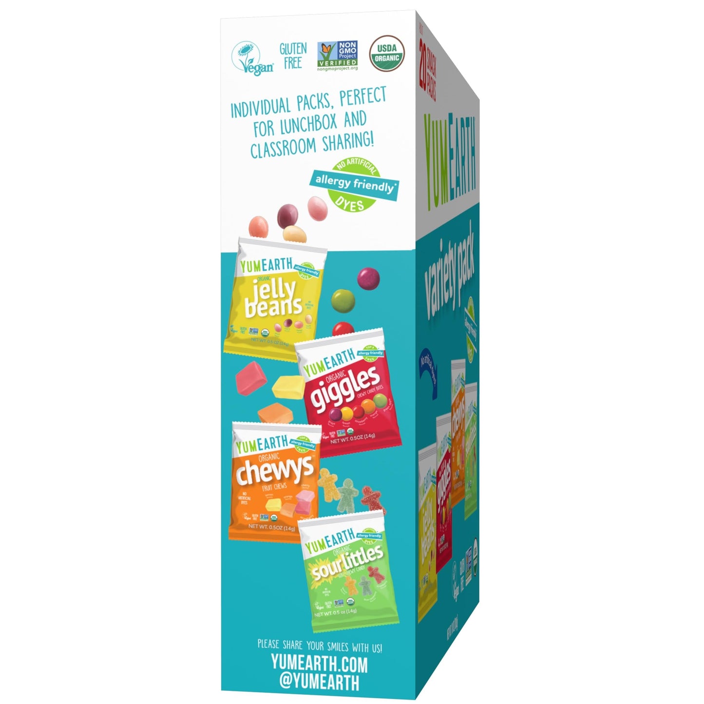YumEarth Organic Variety Box - Jelly Beans, Giggles, Chewys, Sour Littles - Allergy Friendly (Top 9 Free), No Artificial Dyes, Non GMO, Gluten Free, Vegan -Individually Wrapped (Pack of 20)