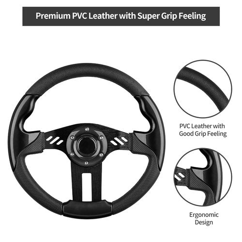 LEAPGOMAX Golf Cart Steering Wheel with Premium Grip Leather and Ergonomic Design Fit for EZGO TXT/RXV/Marathon, Club Car DS/Precedent/Tempo/Onward, Yamaha G1-G29 Carts (Black)