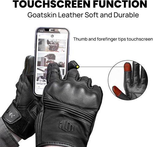 ILM Goatskin Leather Motorcycle Racing Gloves - Touchscreen Design for Men & Women | Size L, Black Unperforated