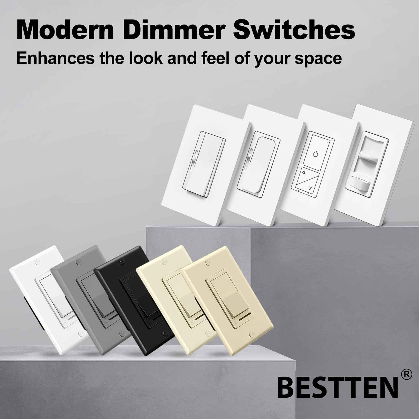BESTTEN 10 Pack Dimmer Light Switch, for LED Dimmable Lamp, CFL, Incandescent, Halogen Bulb, Single Pole or 3-Way LED Slide Dimmer Switches, Screwless Wall Plate Included, UL Listed, White