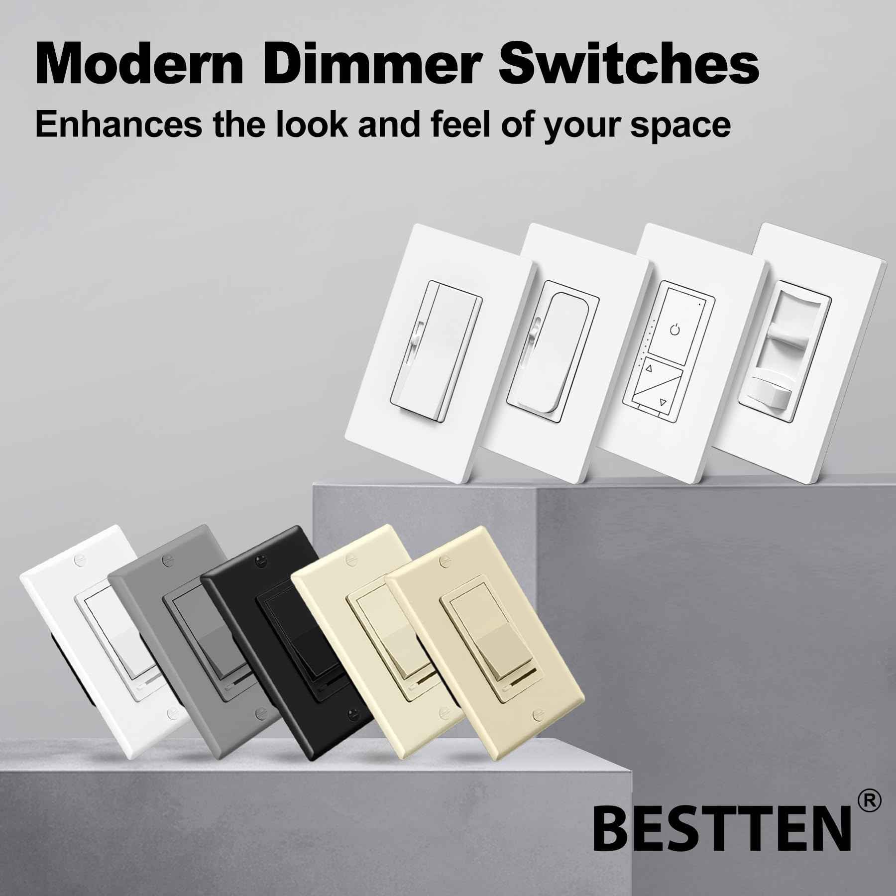 BESTTEN 10 Pack Dimmer Light Switch, for LED Dimmable Lamp, CFL, Incandescent, Halogen Bulb, Single Pole or 3-Way LED Slide Dimmer Switches, Screwless Wall Plate Included, UL Listed, White
